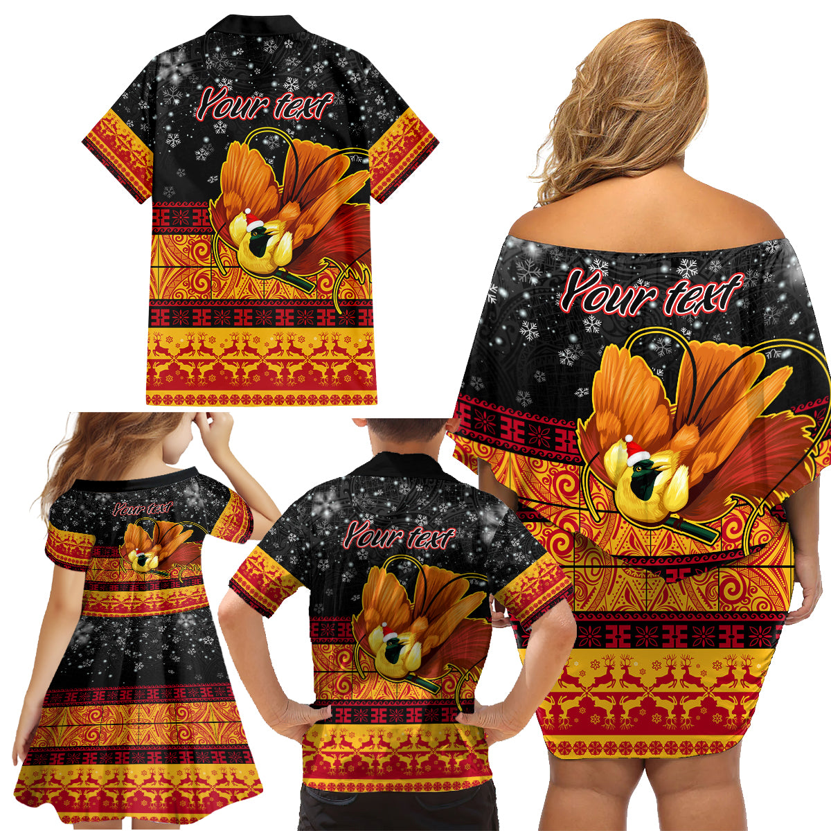 Personalised PNG Hamamas Krismas Family Matching Off Shoulder Short Dress and Hawaiian Shirt Papua New Guinea Bird Of Paradise Merry Christmas Black Style LT9 - Wonder Print Shop