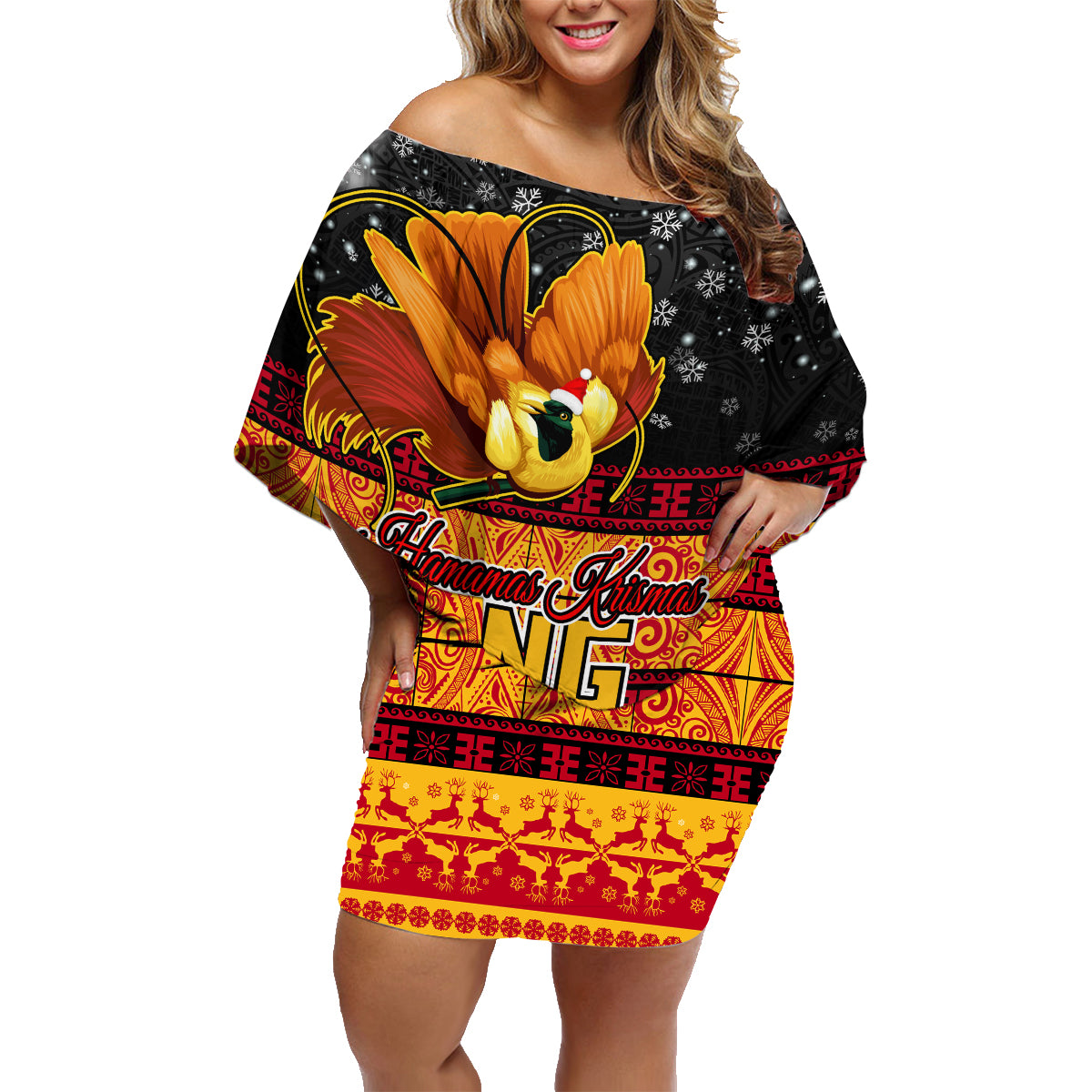 Personalised PNG Hamamas Krismas Family Matching Off Shoulder Short Dress and Hawaiian Shirt Papua New Guinea Bird Of Paradise Merry Christmas Black Style LT9 - Wonder Print Shop