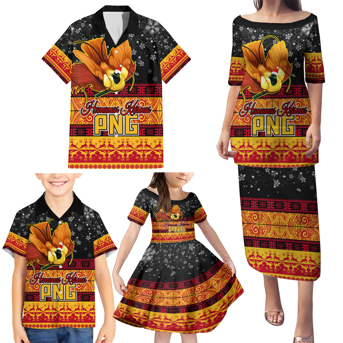 Personalised PNG Hamamas Krismas Family Matching Puletasi Dress and Hawaiian Shirt Papua New Guinea Bird Of Paradise Merry Christmas Black Style - Wonder Print Shop