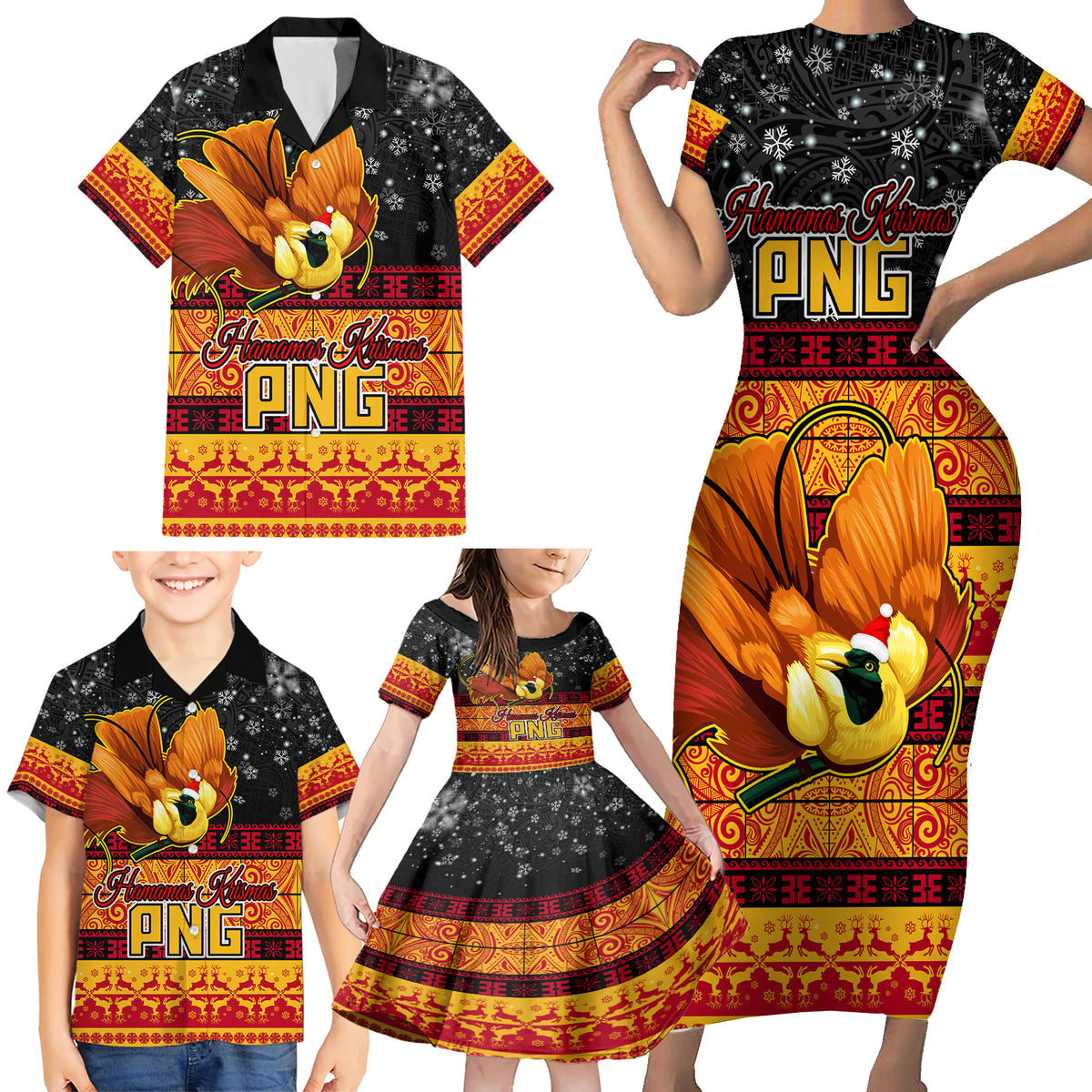 Personalised PNG Hamamas Krismas Family Matching Short Sleeve Bodycon Dress and Hawaiian Shirt Papua New Guinea Bird Of Paradise Merry Christmas Black Style - Wonder Print Shop