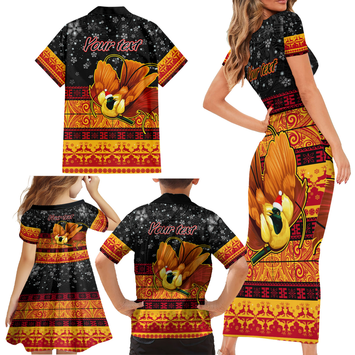 Personalised PNG Hamamas Krismas Family Matching Short Sleeve Bodycon Dress and Hawaiian Shirt Papua New Guinea Bird Of Paradise Merry Christmas Black Style - Wonder Print Shop