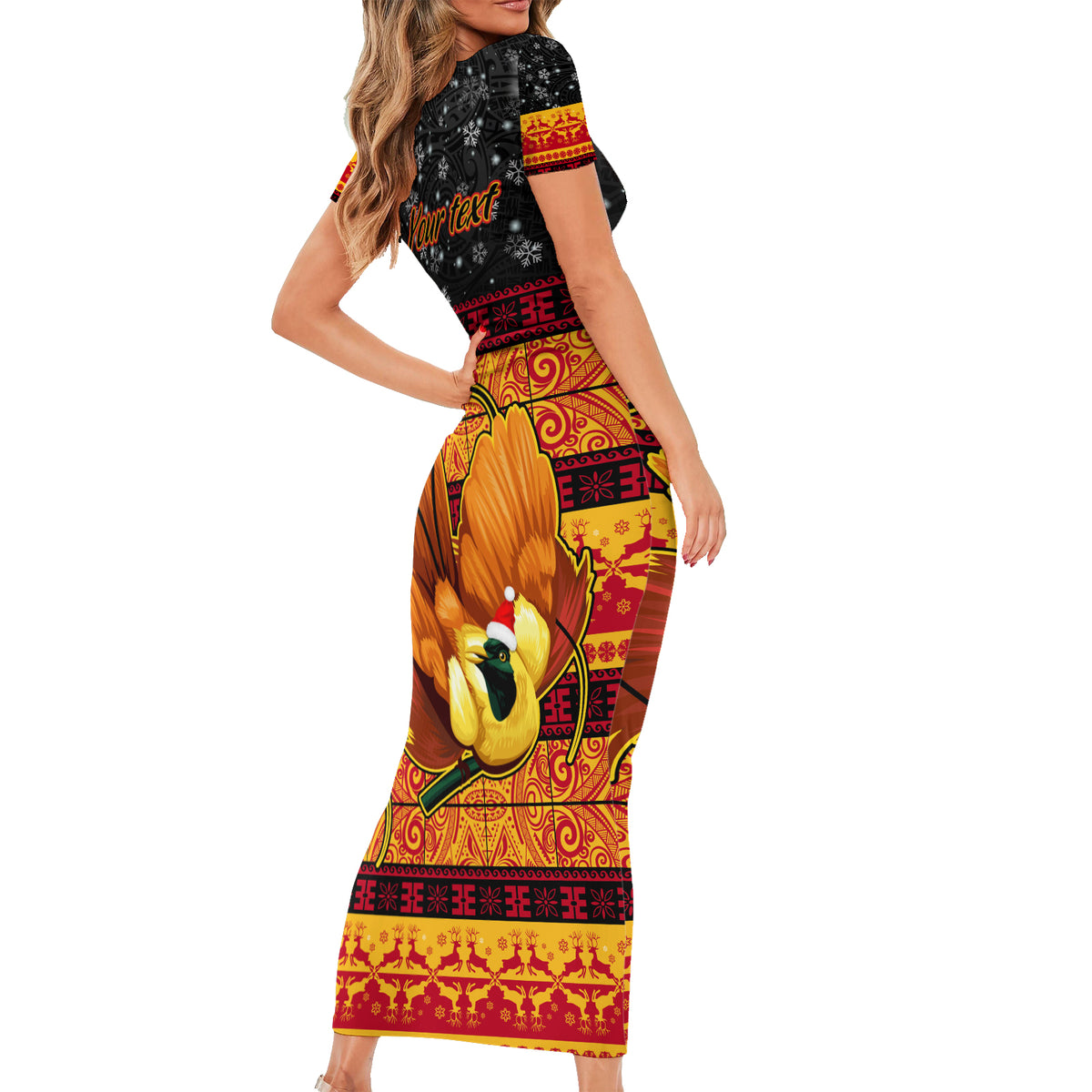 Personalised PNG Hamamas Krismas Family Matching Short Sleeve Bodycon Dress and Hawaiian Shirt Papua New Guinea Bird Of Paradise Merry Christmas Black Style - Wonder Print Shop