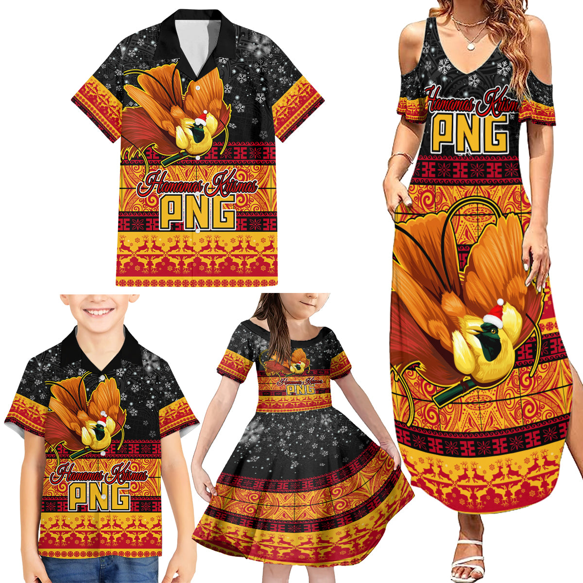 Personalised PNG Hamamas Krismas Family Matching Summer Maxi Dress and Hawaiian Shirt Papua New Guinea Bird Of Paradise Merry Christmas Black Style - Wonder Print Shop