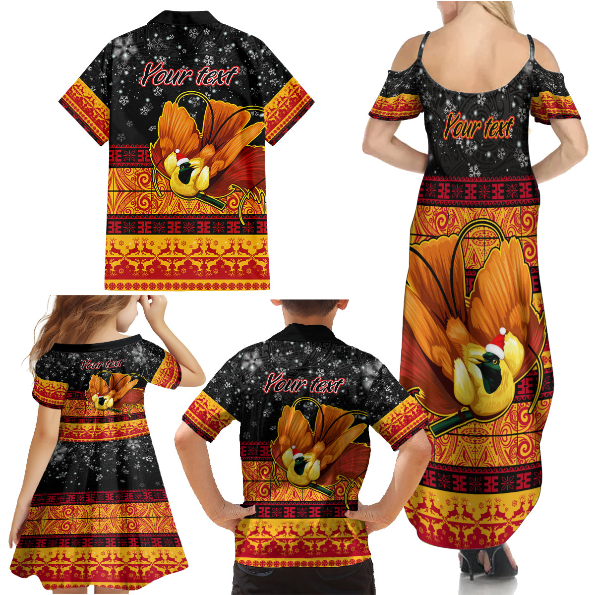 Personalised PNG Hamamas Krismas Family Matching Summer Maxi Dress and Hawaiian Shirt Papua New Guinea Bird Of Paradise Merry Christmas Black Style - Wonder Print Shop