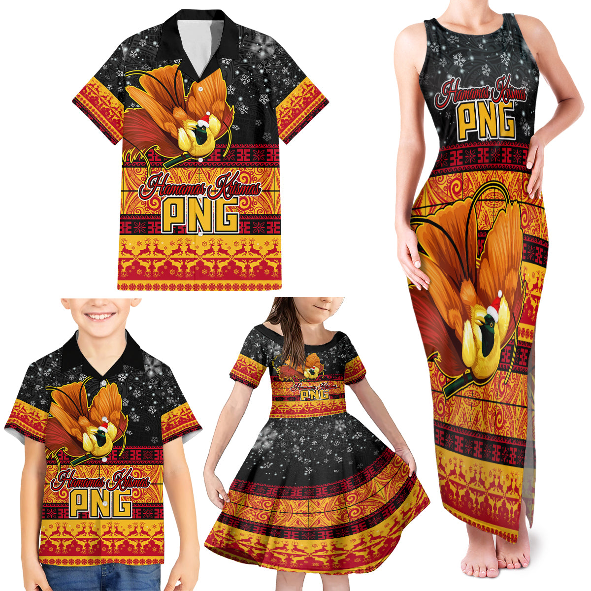 Personalised PNG Hamamas Krismas Family Matching Tank Maxi Dress and Hawaiian Shirt Papua New Guinea Bird Of Paradise Merry Christmas Black Style - Wonder Print Shop