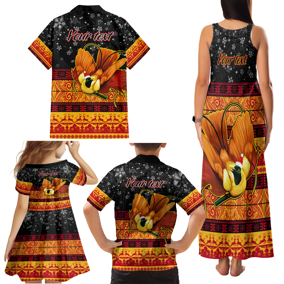 Personalised PNG Hamamas Krismas Family Matching Tank Maxi Dress and Hawaiian Shirt Papua New Guinea Bird Of Paradise Merry Christmas Black Style - Wonder Print Shop