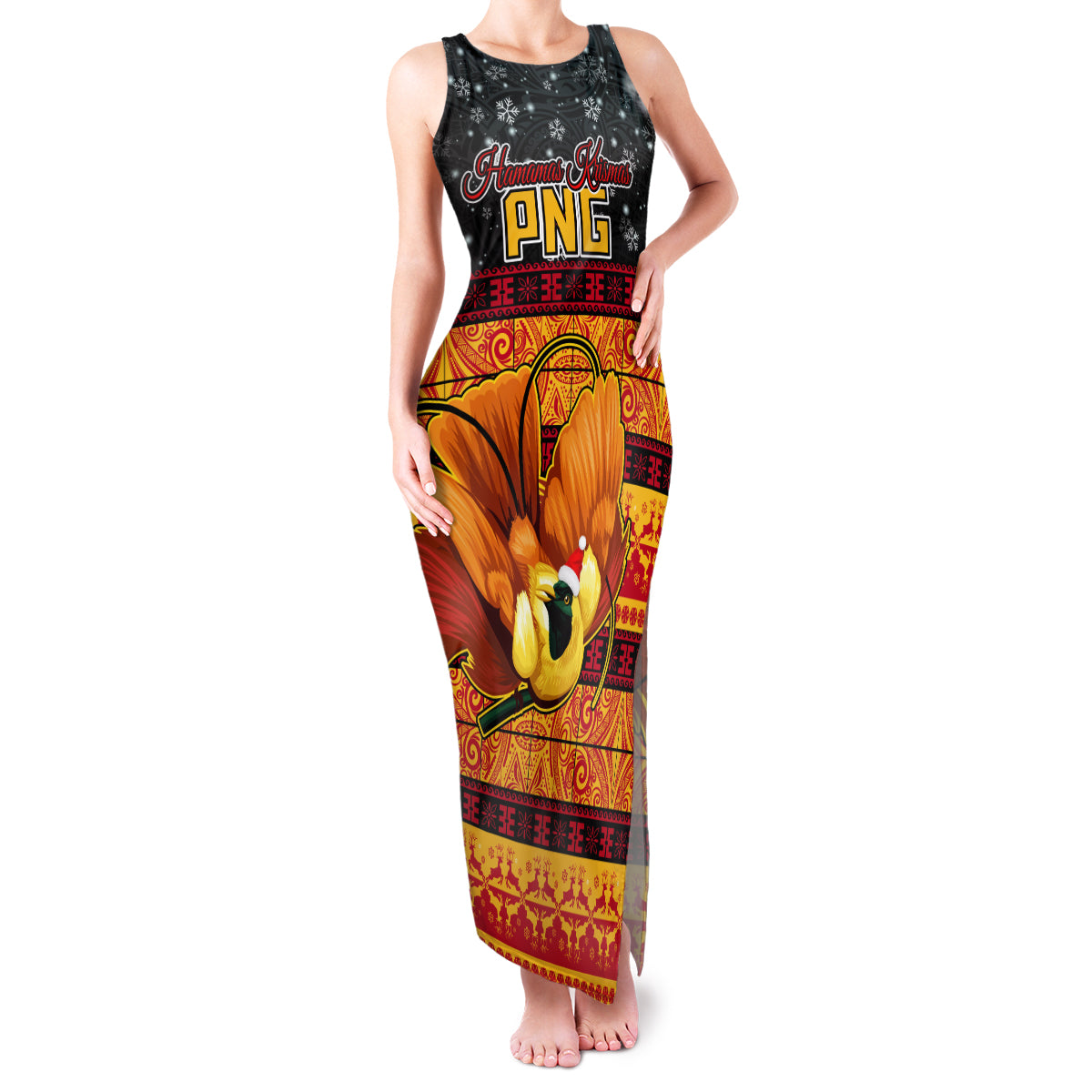 Personalised PNG Hamamas Krismas Family Matching Tank Maxi Dress and Hawaiian Shirt Papua New Guinea Bird Of Paradise Merry Christmas Black Style - Wonder Print Shop