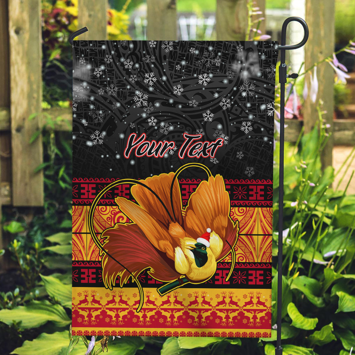 Personalised PNG Hamamas Krismas Garden Flag Papua New Guinea Bird Of Paradise Merry Christmas Black Style - Wonder Print Shop