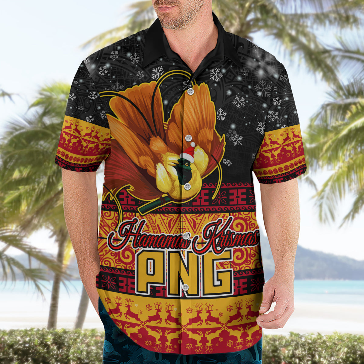 Personalised PNG Hamamas Krismas Hawaiian Shirt Papua New Guinea Bird Of Paradise Merry Christmas Black Style - Wonder Print Shop