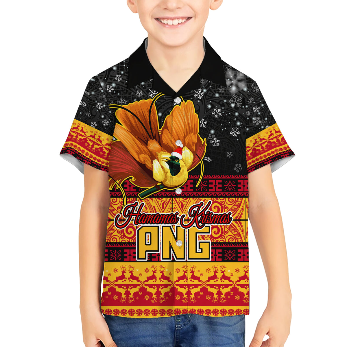 Personalised PNG Hamamas Krismas Hawaiian Shirt Papua New Guinea Bird Of Paradise Merry Christmas Black Style - Wonder Print Shop