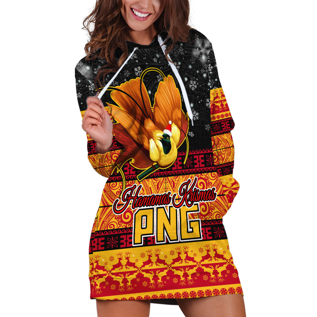 Personalised PNG Hamamas Krismas Hoodie Dress Papua New Guinea Bird Of Paradise Merry Christmas Black Style - Wonder Print Shop