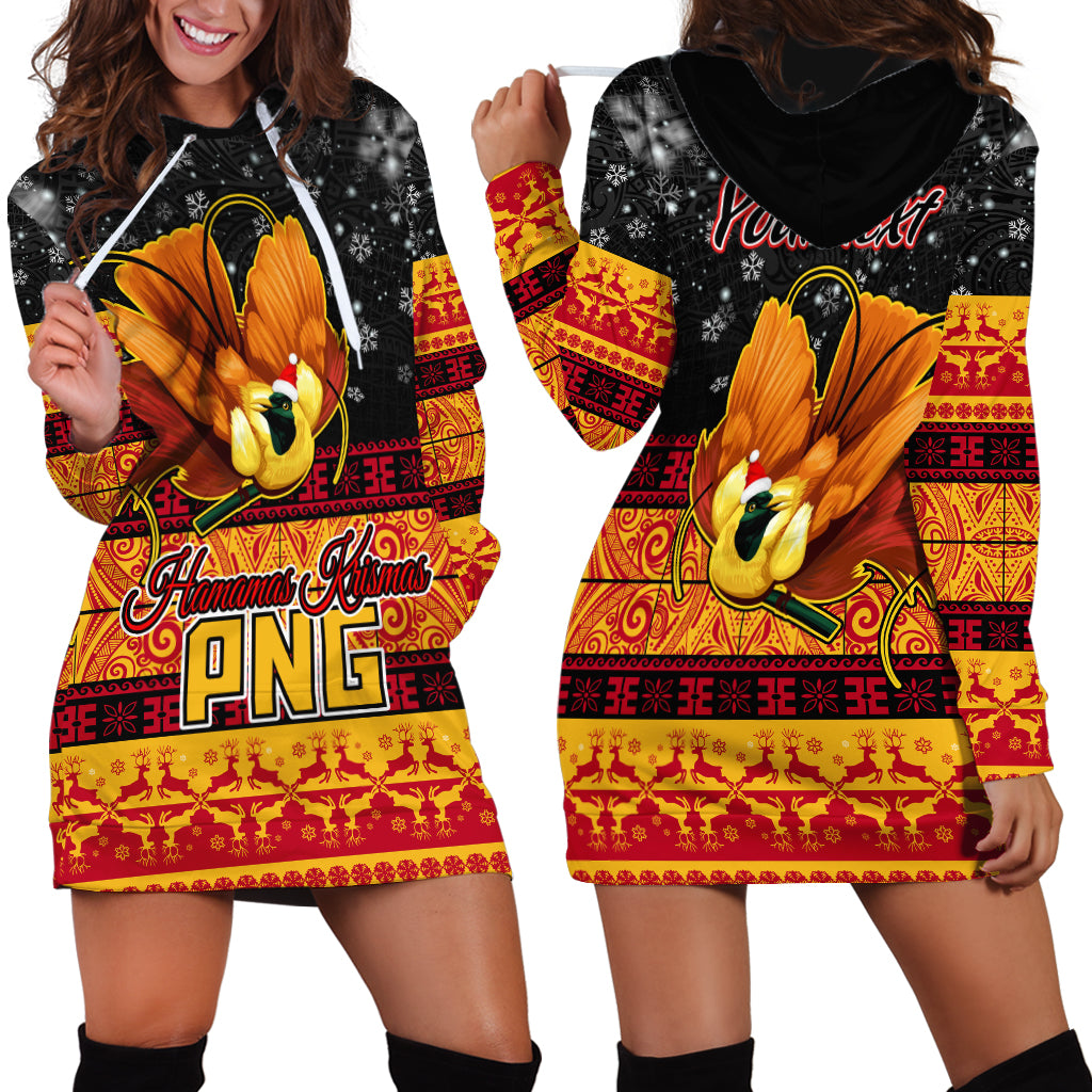 Personalised PNG Hamamas Krismas Hoodie Dress Papua New Guinea Bird Of Paradise Merry Christmas Black Style - Wonder Print Shop