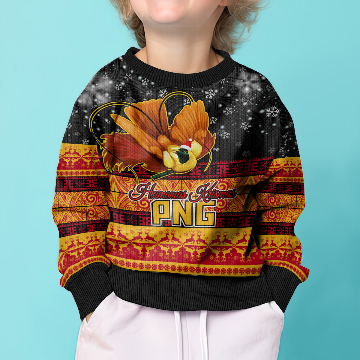 Personalised PNG Hamamas Krismas Kid Ugly Christmas Sweater Papua New Guinea Bird Of Paradise Merry Christmas Black Style - Wonder Print Shop