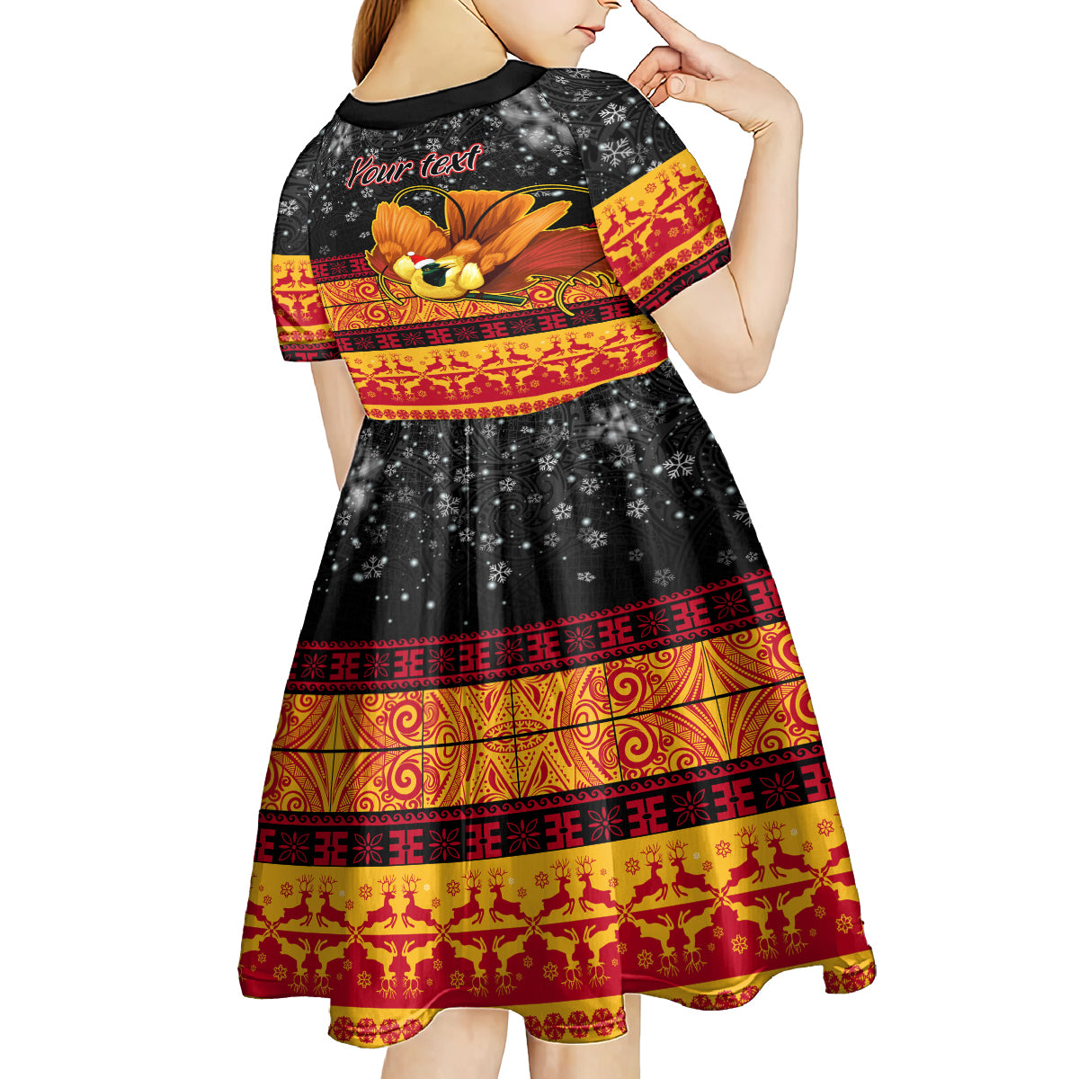 Personalised PNG Hamamas Krismas Kid Short Sleeve Dress Papua New Guinea Bird Of Paradise Merry Christmas Black Style - Wonder Print Shop