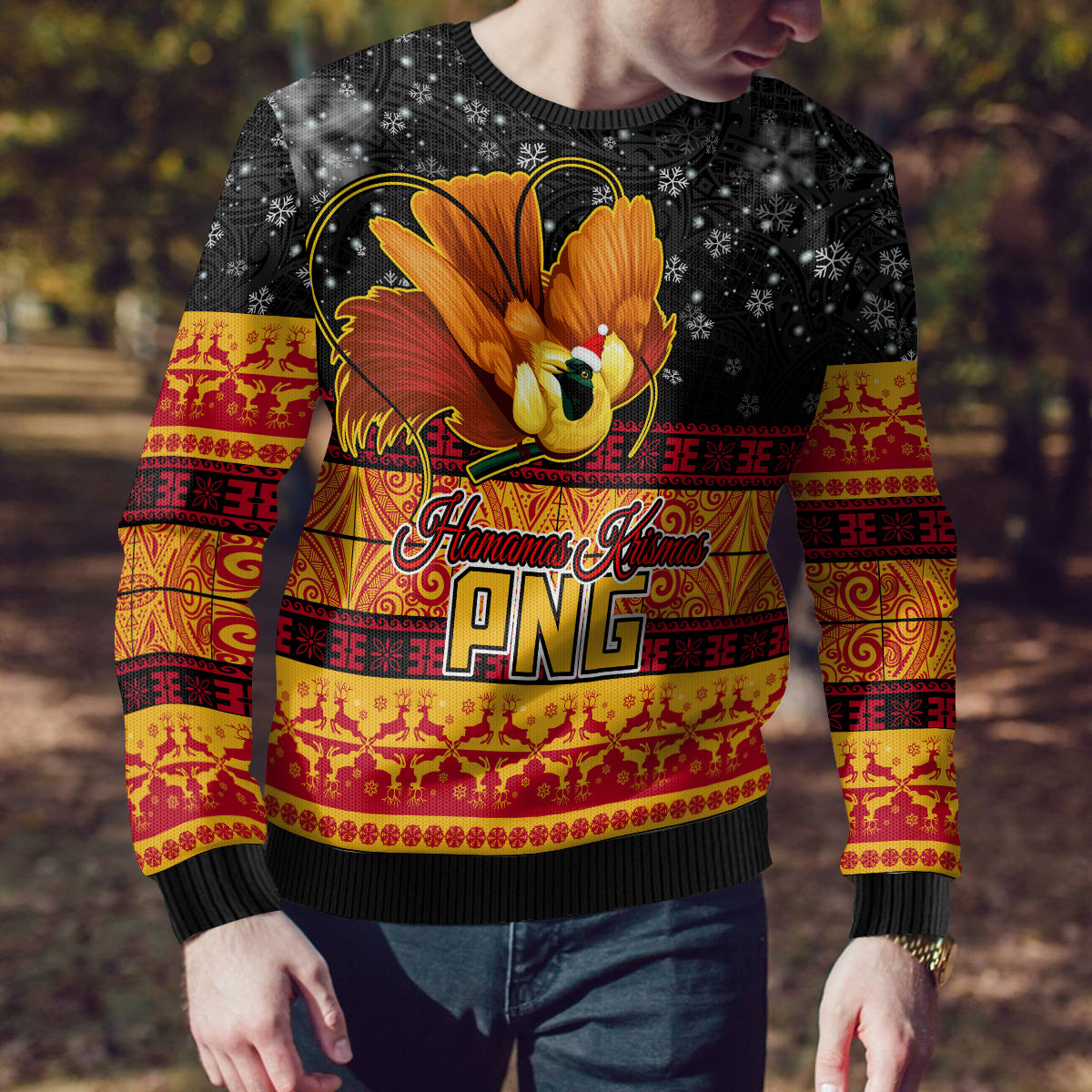Personalised PNG Hamamas Krismas Ugly Christmas Sweater Papua New Guinea Bird Of Paradise Merry Christmas Black Style - Wonder Print Shop