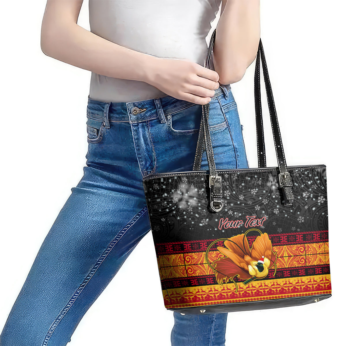 Personalised PNG Hamamas Krismas Leather Tote Bag Papua New Guinea Bird Of Paradise Merry Christmas Black Style - Wonder Print Shop