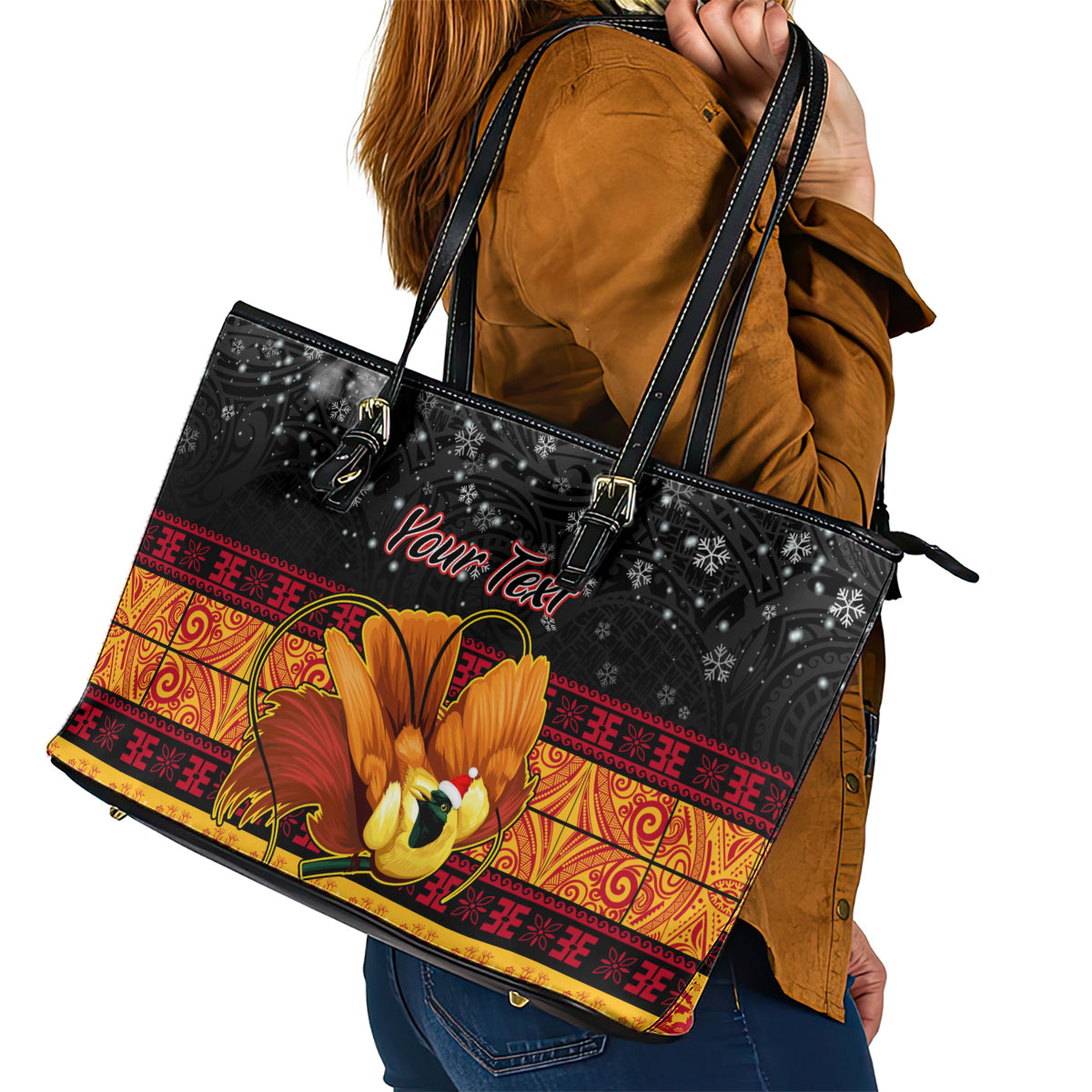 Personalised PNG Hamamas Krismas Leather Tote Bag Papua New Guinea Bird Of Paradise Merry Christmas Black Style - Wonder Print Shop