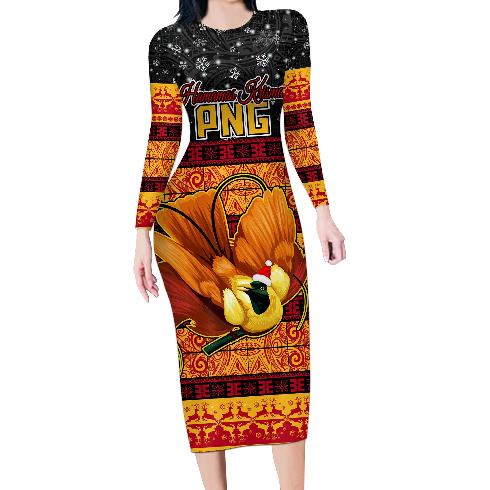Personalised PNG Hamamas Krismas Long Sleeve Bodycon Dress Papua New Guinea Bird Of Paradise Merry Christmas Black Style - Wonder Print Shop
