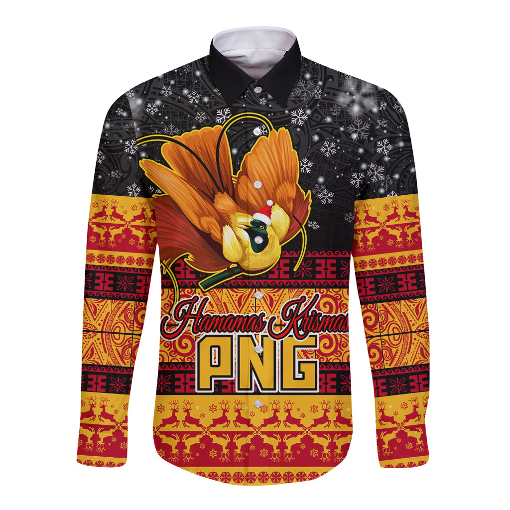 Personalised PNG Hamamas Krismas Long Sleeve Button Shirt Papua New Guinea Bird Of Paradise Merry Christmas Black Style - Wonder Print Shop