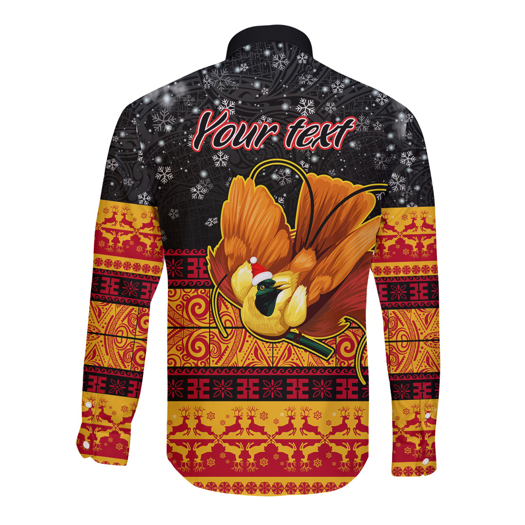 Personalised PNG Hamamas Krismas Long Sleeve Button Shirt Papua New Guinea Bird Of Paradise Merry Christmas Black Style - Wonder Print Shop