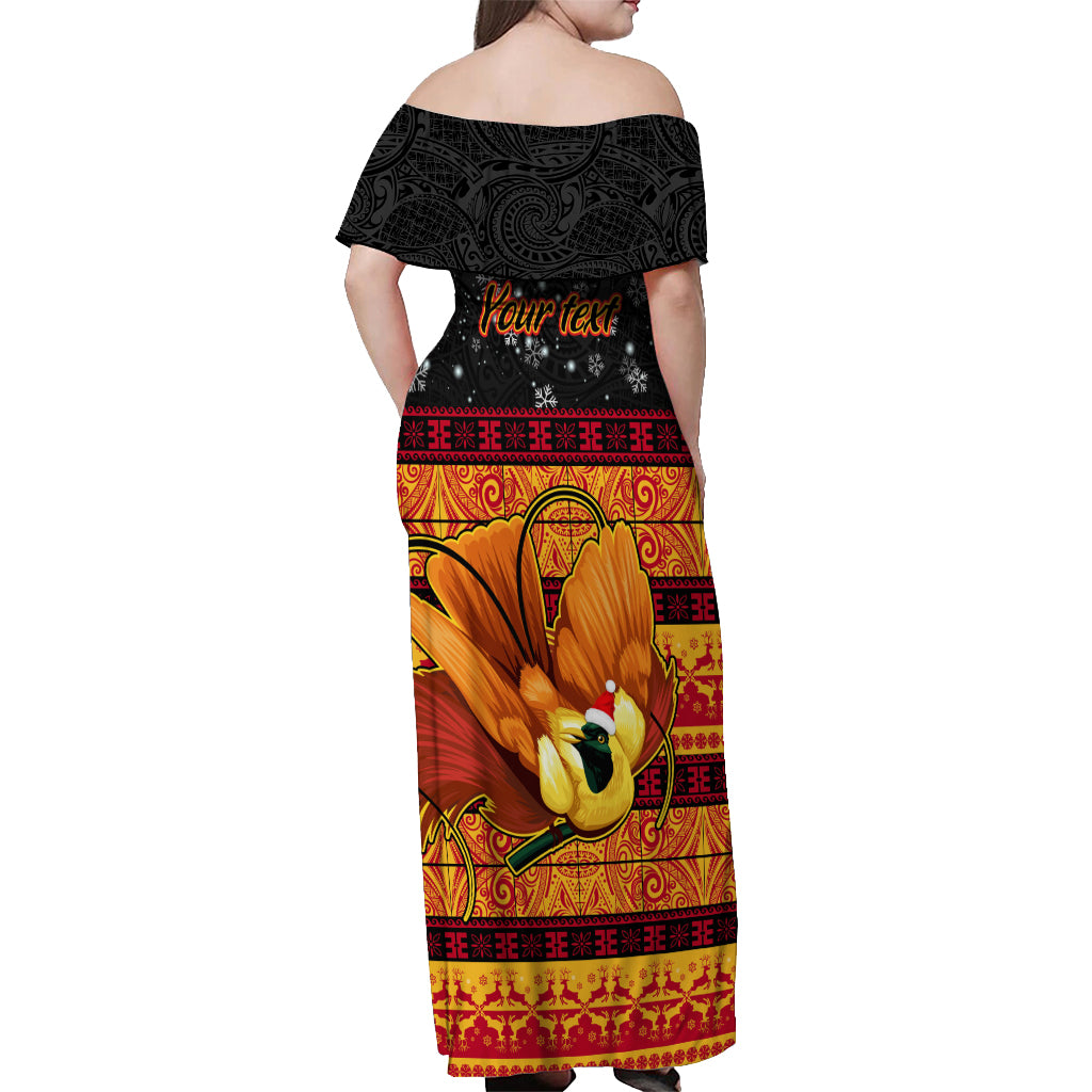 Personalised PNG Hamamas Krismas Off Shoulder Maxi Dress Papua New Guinea Bird Of Paradise Merry Christmas Black Style - Wonder Print Shop