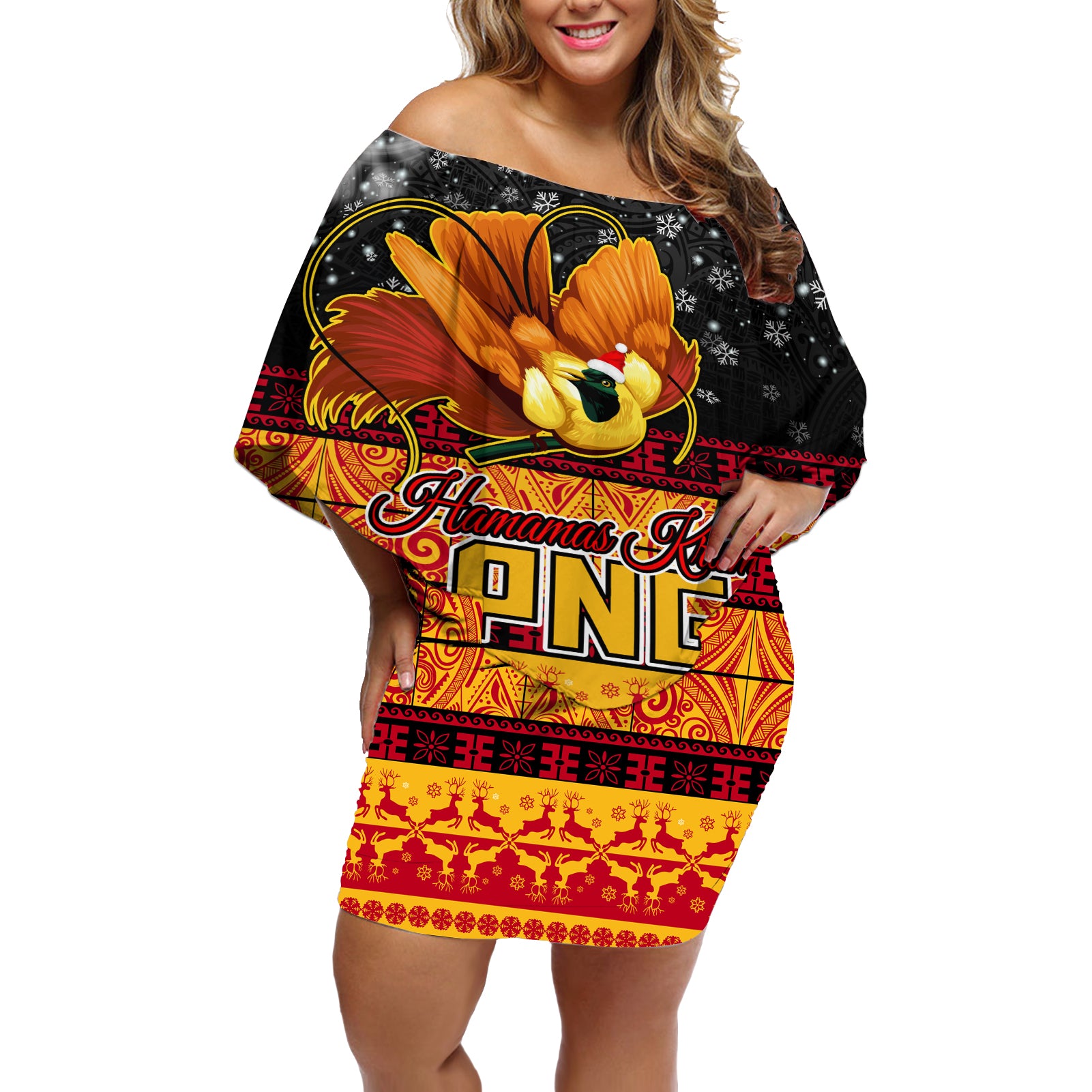 Personalised PNG Hamamas Krismas Off Shoulder Short Dress Papua New Guinea Bird Of Paradise Merry Christmas Black Style - Wonder Print Shop