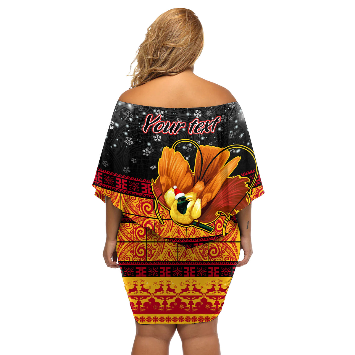 Personalised PNG Hamamas Krismas Off Shoulder Short Dress Papua New Guinea Bird Of Paradise Merry Christmas Black Style - Wonder Print Shop