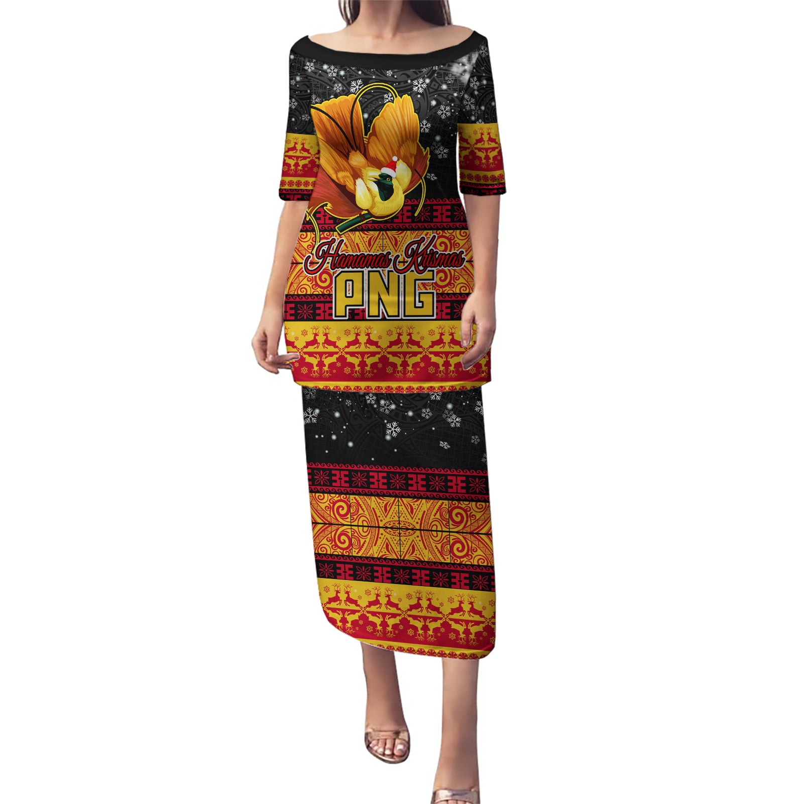 Personalised PNG Hamamas Krismas Puletasi Papua New Guinea Bird Of Paradise Merry Christmas Black Style - Wonder Print Shop