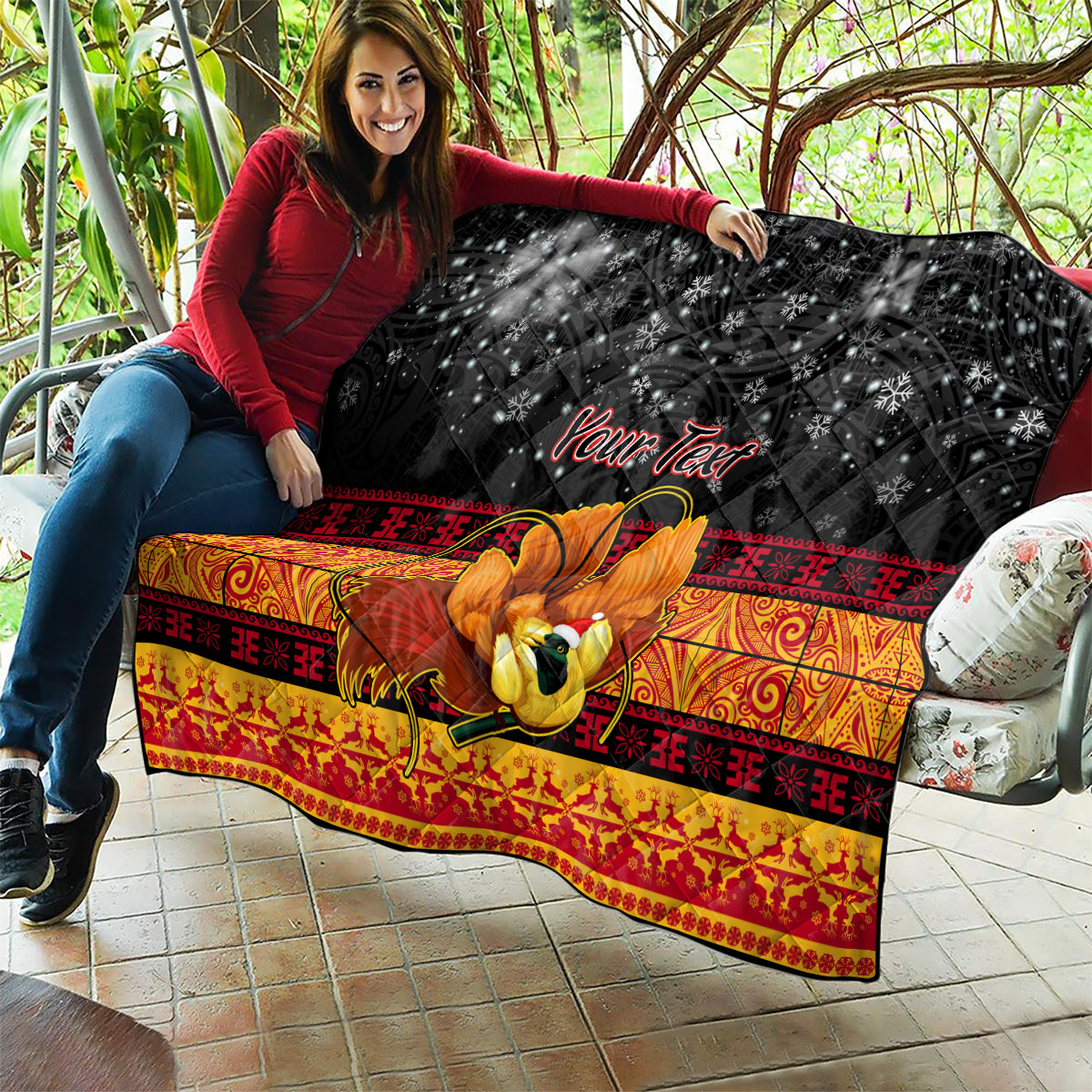 Personalised PNG Hamamas Krismas Quilt Papua New Guinea Bird Of Paradise Merry Christmas Black Style - Wonder Print Shop