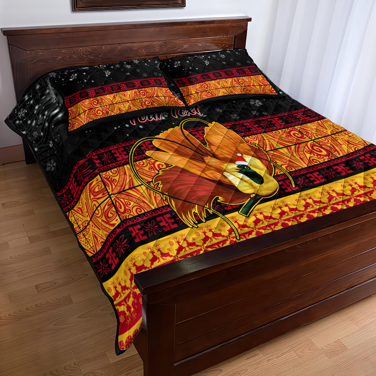 Personalised PNG Hamamas Krismas Quilt Bed Set Papua New Guinea Bird Of Paradise Merry Christmas Black Style - Wonder Print Shop