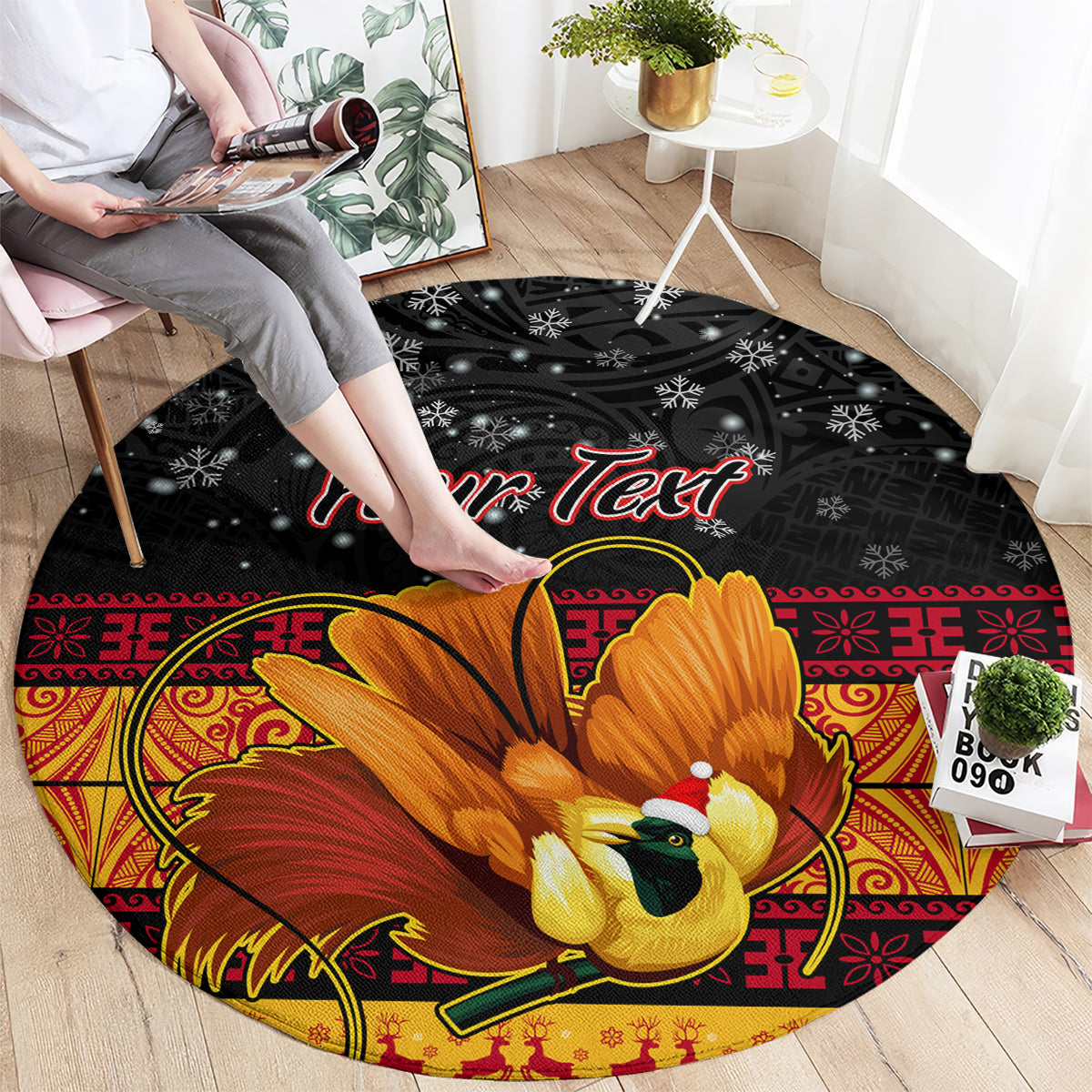personalised-png-hamamas-krismas-round-carpet-papua-new-guinea-bird-of-paradise-merry-christmas-black-style
