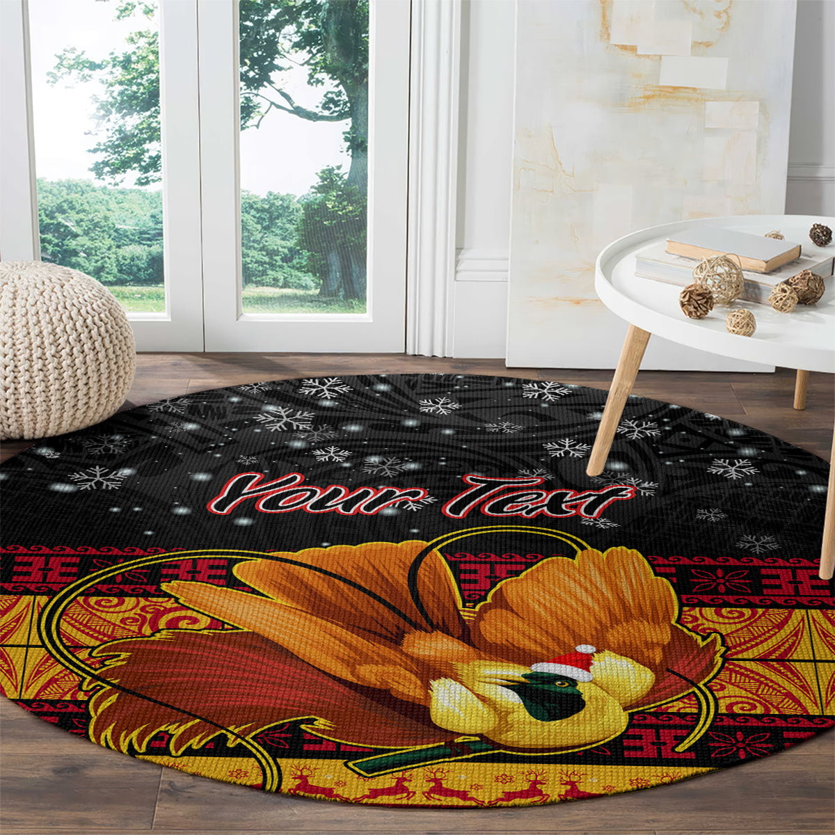 personalised-png-hamamas-krismas-round-carpet-papua-new-guinea-bird-of-paradise-merry-christmas-black-style