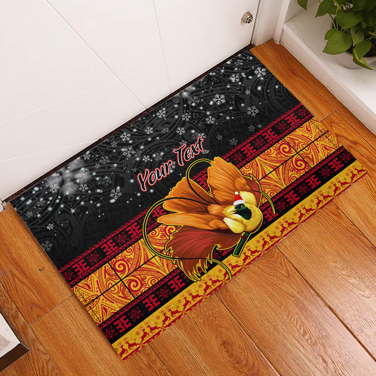 Personalised PNG Hamamas Krismas Rubber Doormat Papua New Guinea Bird Of Paradise Merry Christmas Black Style - Wonder Print Shop