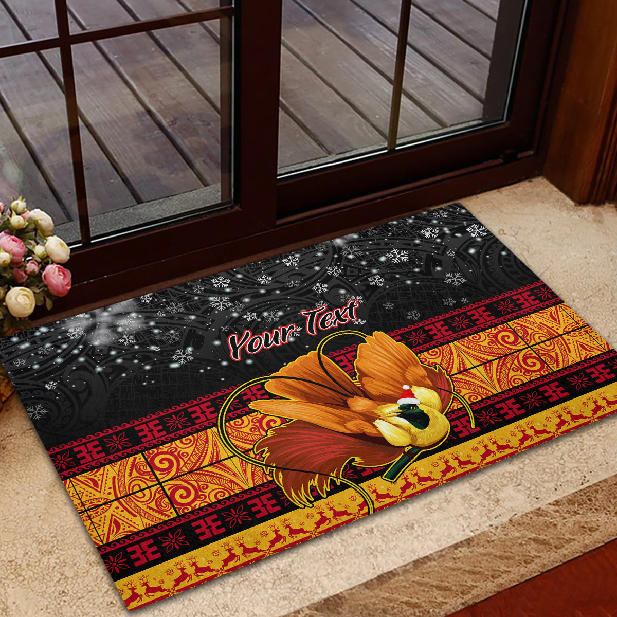 Personalised PNG Hamamas Krismas Rubber Doormat Papua New Guinea Bird Of Paradise Merry Christmas Black Style - Wonder Print Shop