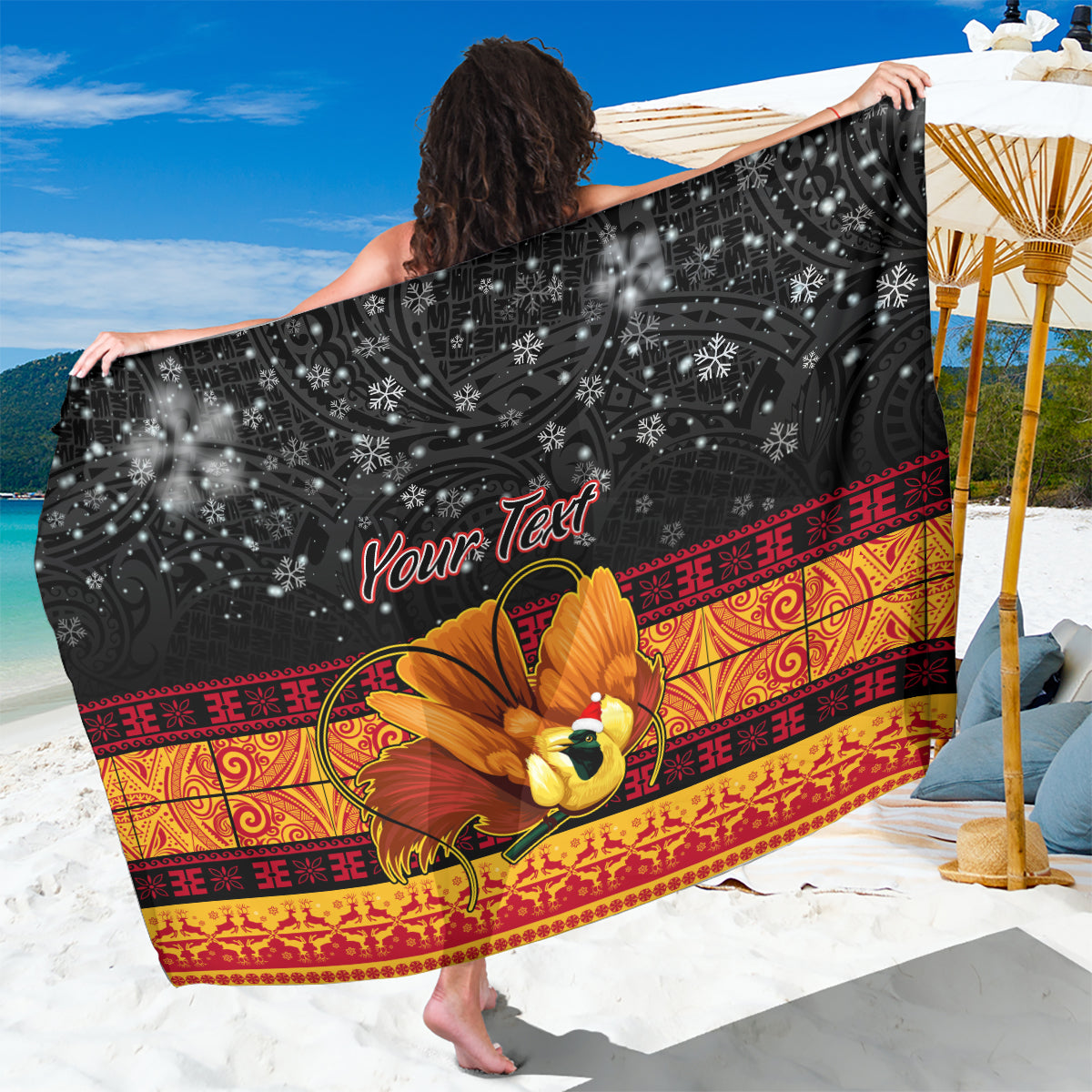 Personalised PNG Hamamas Krismas Sarong Papua New Guinea Bird Of Paradise Merry Christmas Black Style - Wonder Print Shop