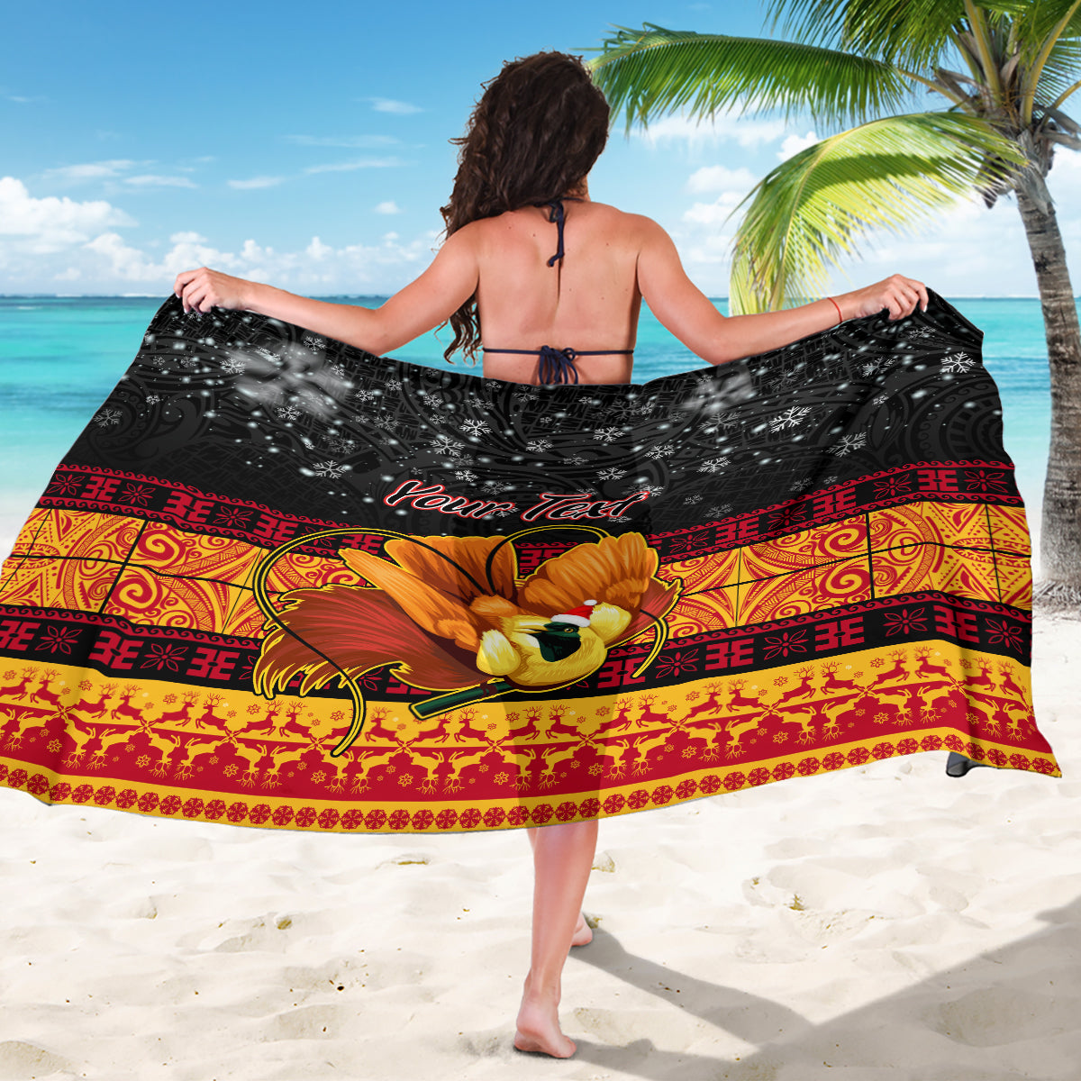 Personalised PNG Hamamas Krismas Sarong Papua New Guinea Bird Of Paradise Merry Christmas Black Style - Wonder Print Shop