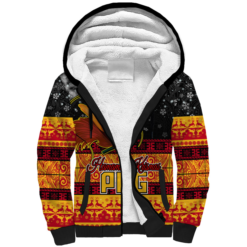 Personalised PNG Hamamas Krismas Sherpa Hoodie Papua New Guinea Bird Of Paradise Merry Christmas Black Style - Wonder Print Shop
