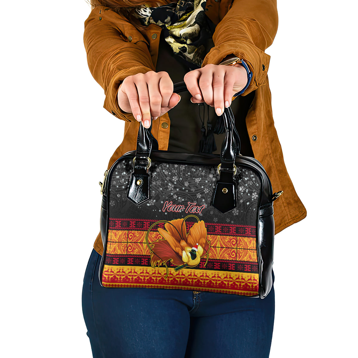 personalised-png-hamamas-krismas-shoulder-handbag-papua-new-guinea-bird-of-paradise-merry-christmas-black-style