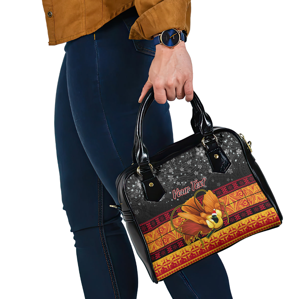personalised-png-hamamas-krismas-shoulder-handbag-papua-new-guinea-bird-of-paradise-merry-christmas-black-style