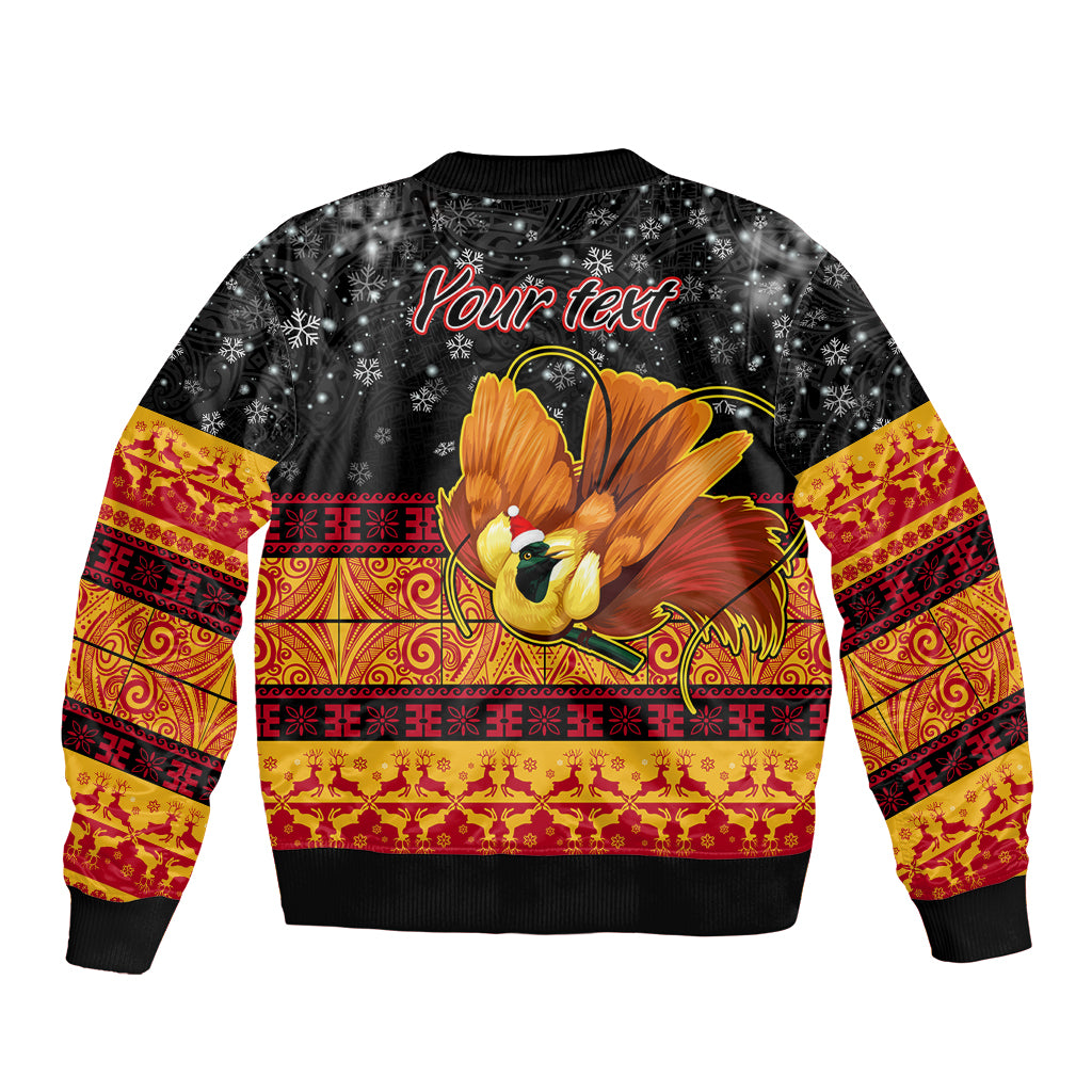 Personalised PNG Hamamas Krismas Sleeve Zip Bomber Jacket Papua New Guinea Bird Of Paradise Merry Christmas Black Style - Wonder Print Shop
