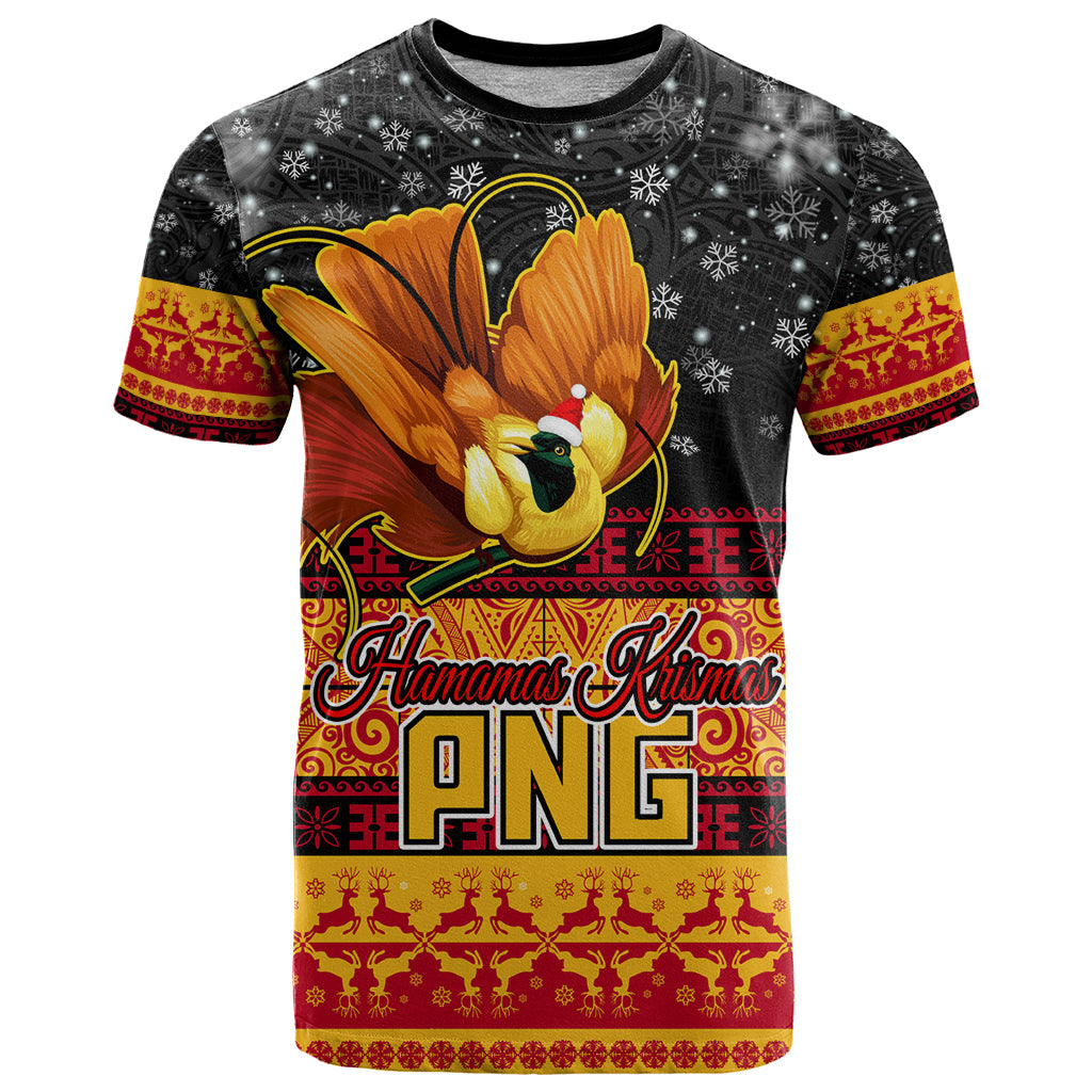 Personalised PNG Hamamas Krismas T Shirt Papua New Guinea Bird Of Paradise Merry Christmas Black Style - Wonder Print Shop