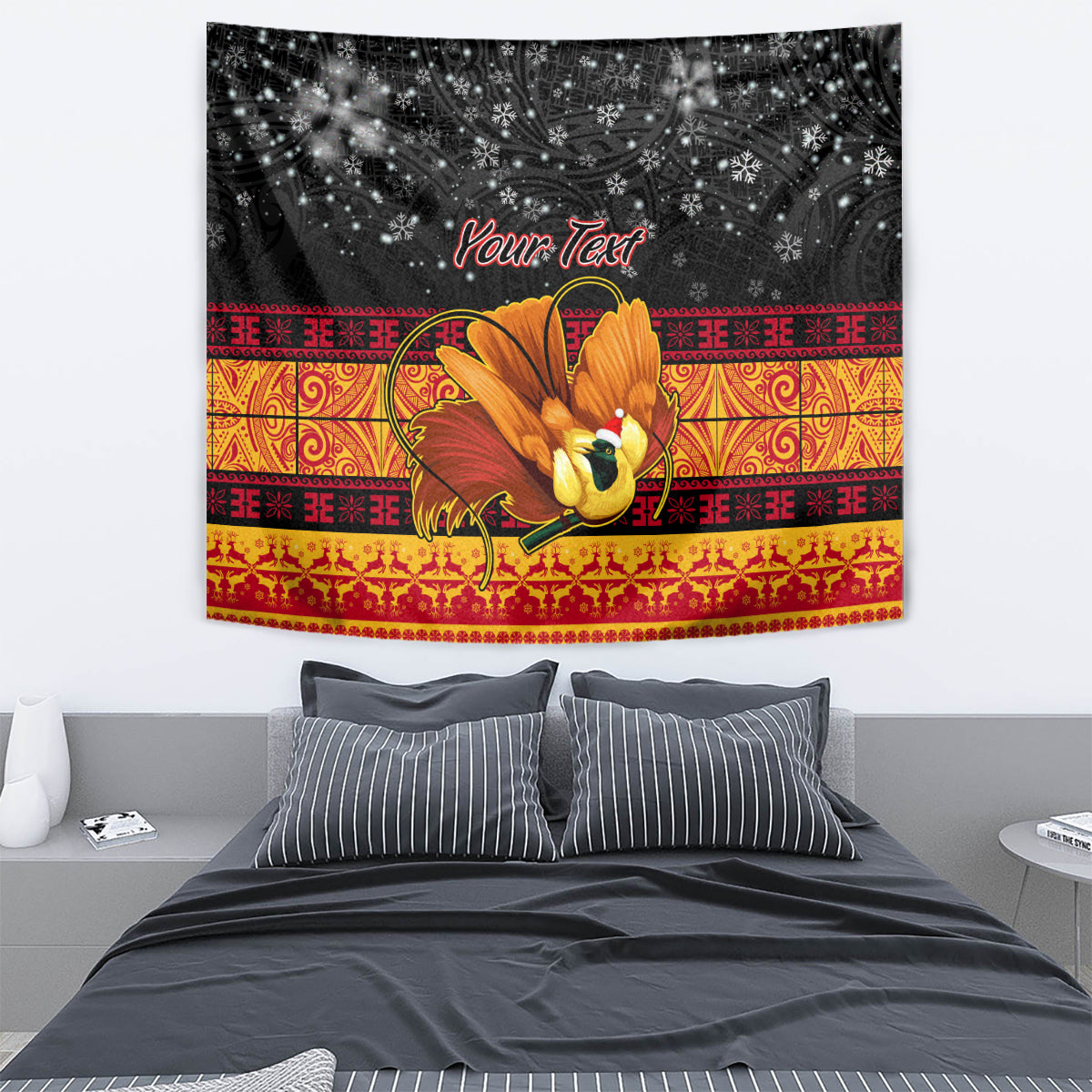 Personalised PNG Hamamas Krismas Tapestry Papua New Guinea Bird Of Paradise Merry Christmas Black Style - Wonder Print Shop