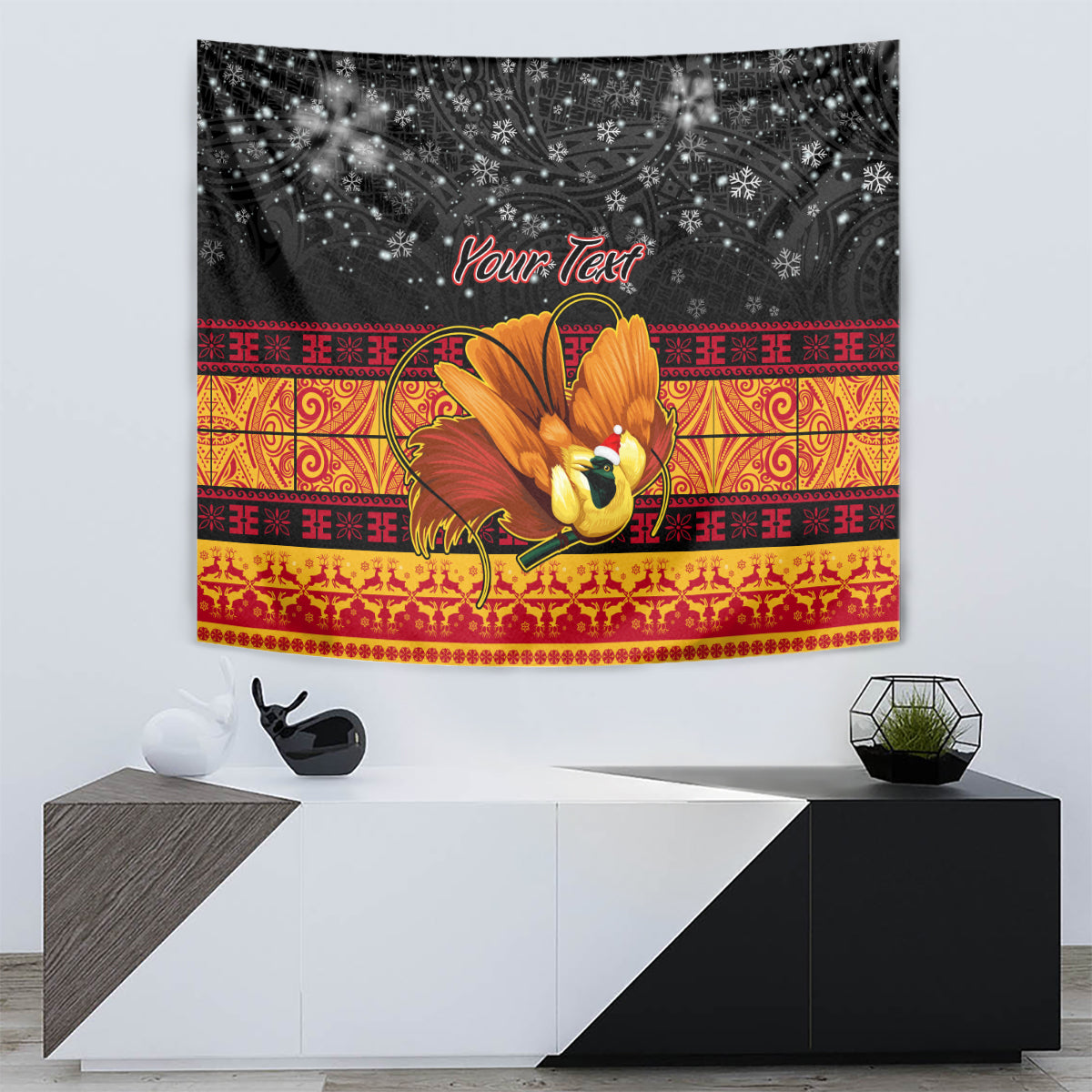 Personalised PNG Hamamas Krismas Tapestry Papua New Guinea Bird Of Paradise Merry Christmas Black Style - Wonder Print Shop