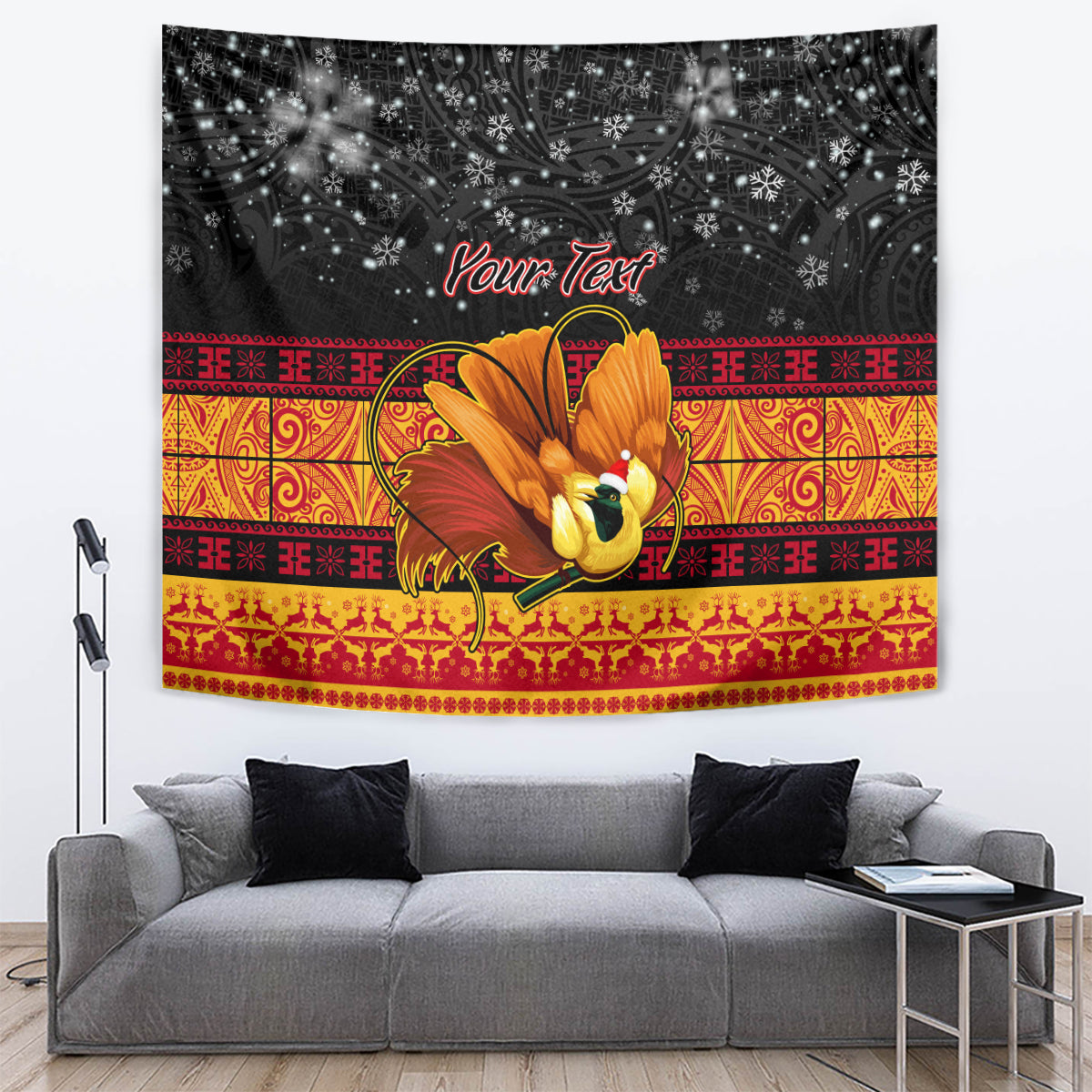 Personalised PNG Hamamas Krismas Tapestry Papua New Guinea Bird Of Paradise Merry Christmas Black Style - Wonder Print Shop