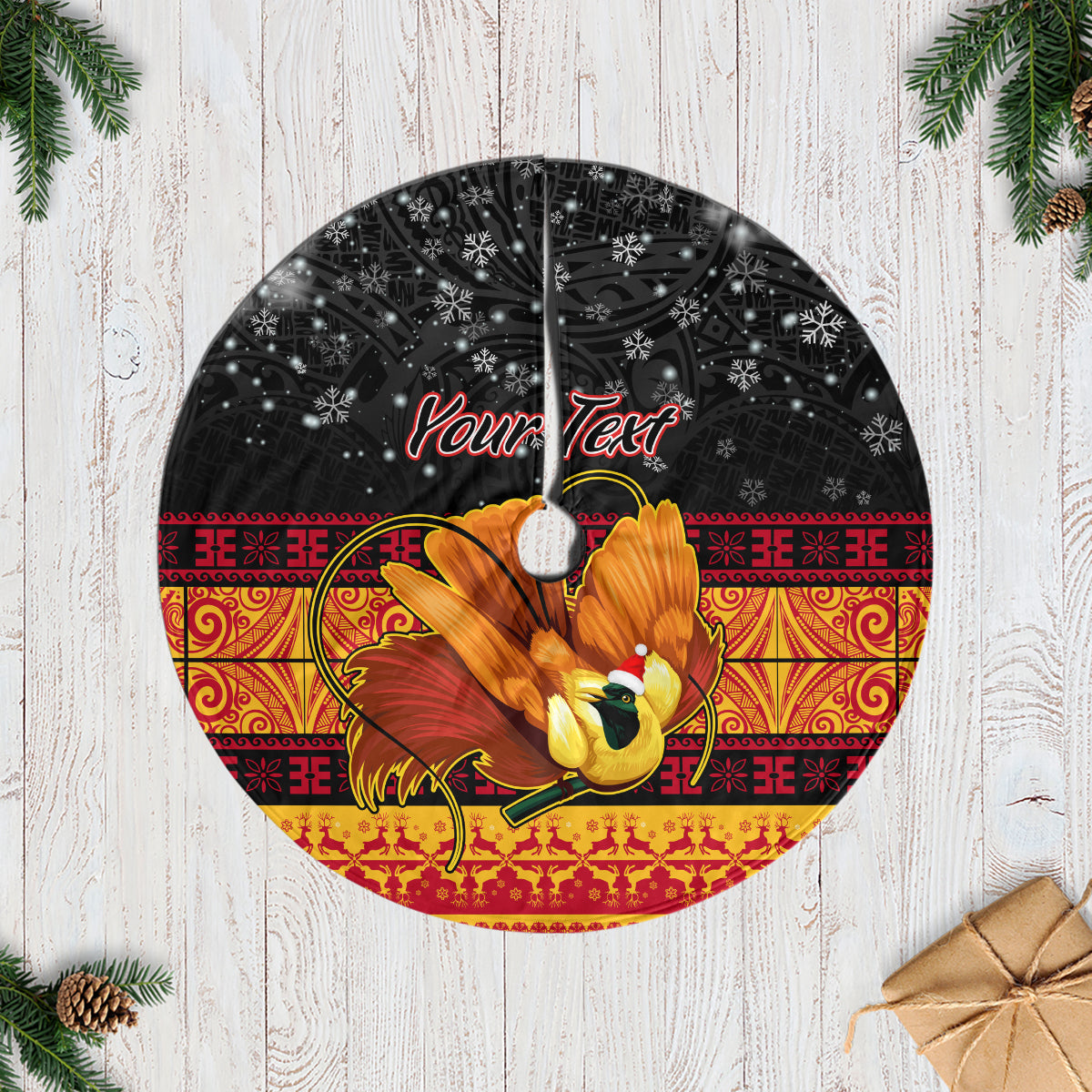 personalised-png-hamamas-krismas-tree-skirt-papua-new-guinea-bird-of-paradise-merry-christmas-black-style