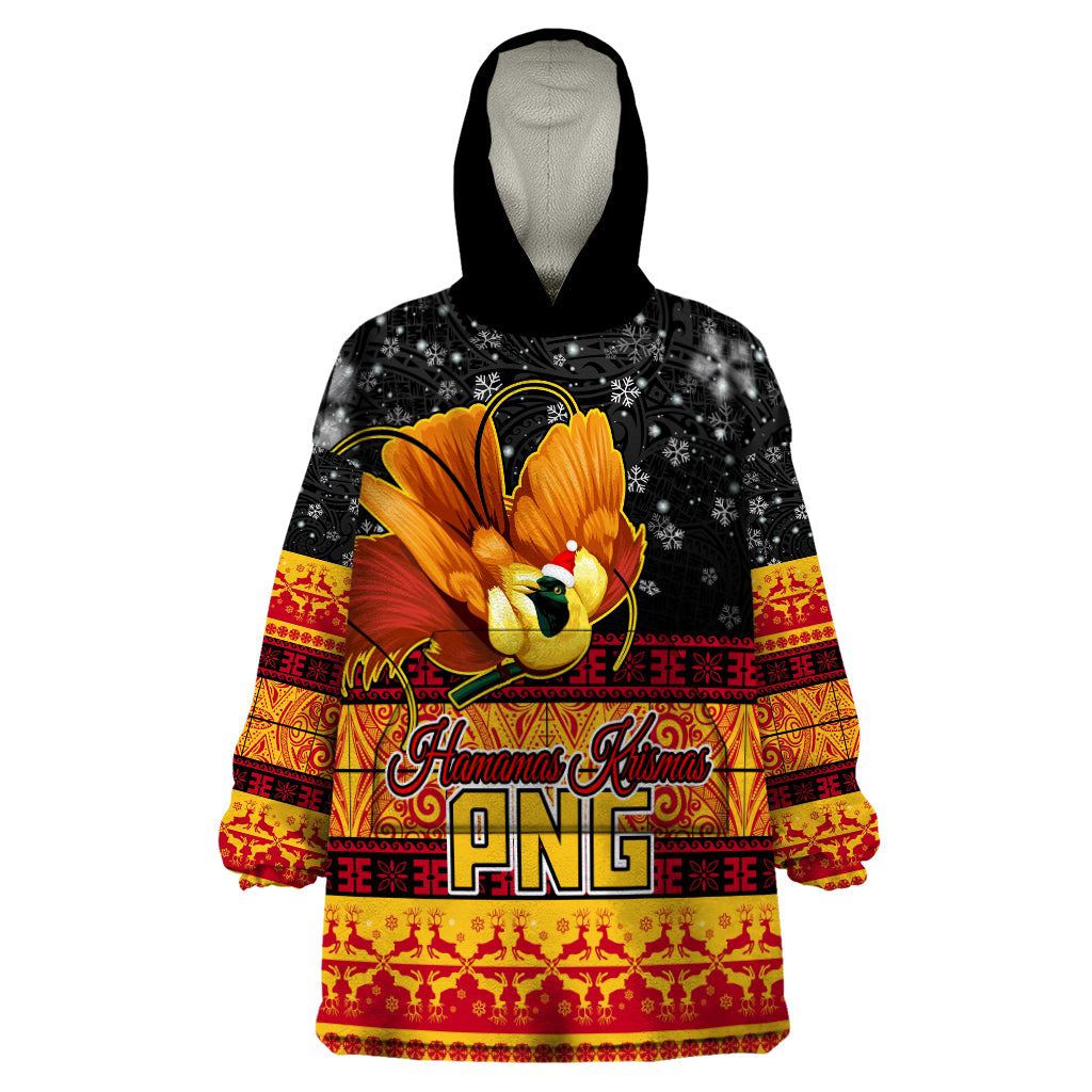 Personalised PNG Hamamas Krismas Wearable Blanket Hoodie Papua New Guinea Bird Of Paradise Merry Christmas Black Style - Wonder Print Shop