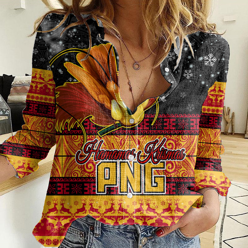 Personalised PNG Hamamas Krismas Women Casual Shirt Papua New Guinea Bird Of Paradise Merry Christmas Black Style - Wonder Print Shop