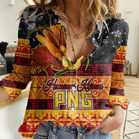 Personalised PNG Hamamas Krismas Women Casual Shirt Papua New Guinea Bird Of Paradise Merry Christmas Black Style - Wonder Print Shop