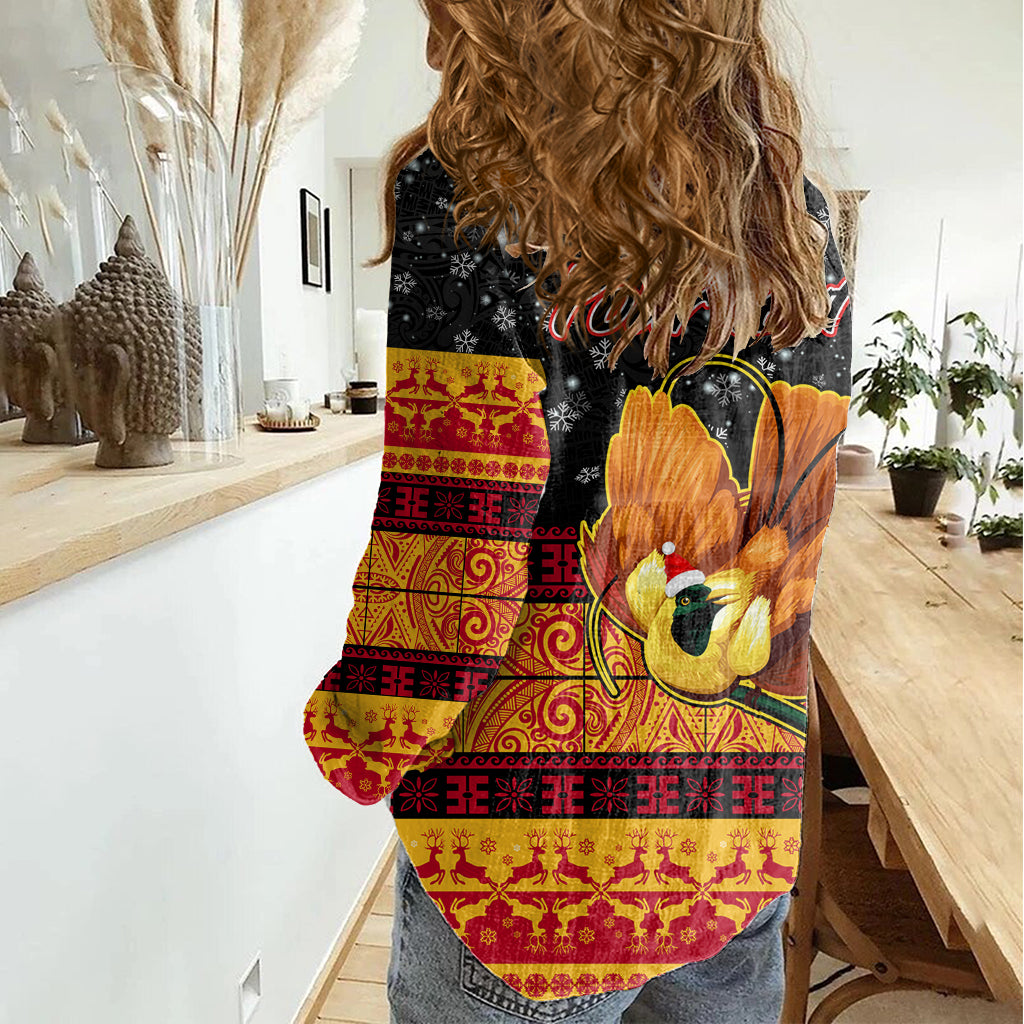 Personalised PNG Hamamas Krismas Women Casual Shirt Papua New Guinea Bird Of Paradise Merry Christmas Black Style - Wonder Print Shop