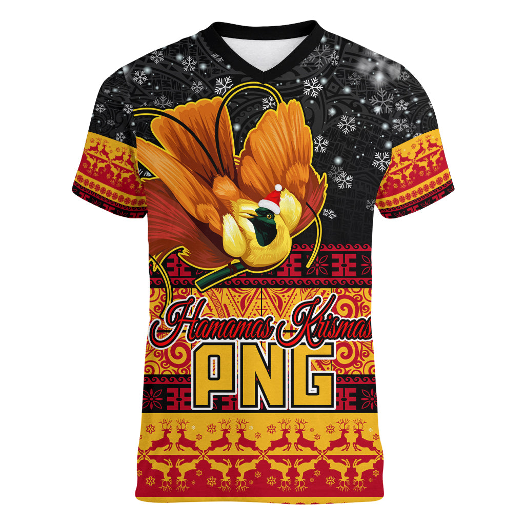 Personalised PNG Hamamas Krismas Women V Neck T Shirt Papua New Guinea Bird Of Paradise Merry Christmas Black Style - Wonder Print Shop